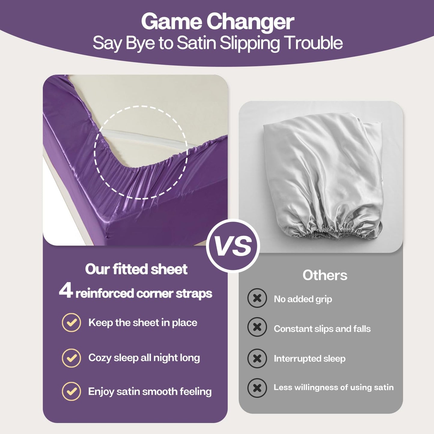 MR&HM Satin Fitted Sheet Queen Size, Silky Bottom Sheet with Elastic Corner Straps, Deep Pocket up to 15 Inch, No More Slipping Off for Mattress - 1 Fitted Sheet Only (Lavender)