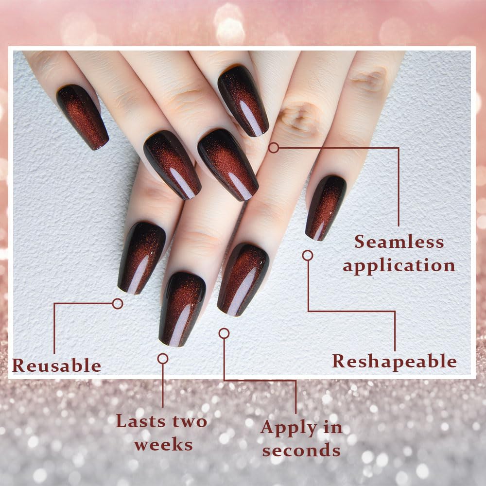 evpct Reddish Brown Cat Eye Coffin Press on Nails Medium Square No Glue, Medium Square Stick on Nails for Women Gift, Wine Red Metallic Glitter Glossy Reusable Spring Summer Press on Acrylic Fake Nail
