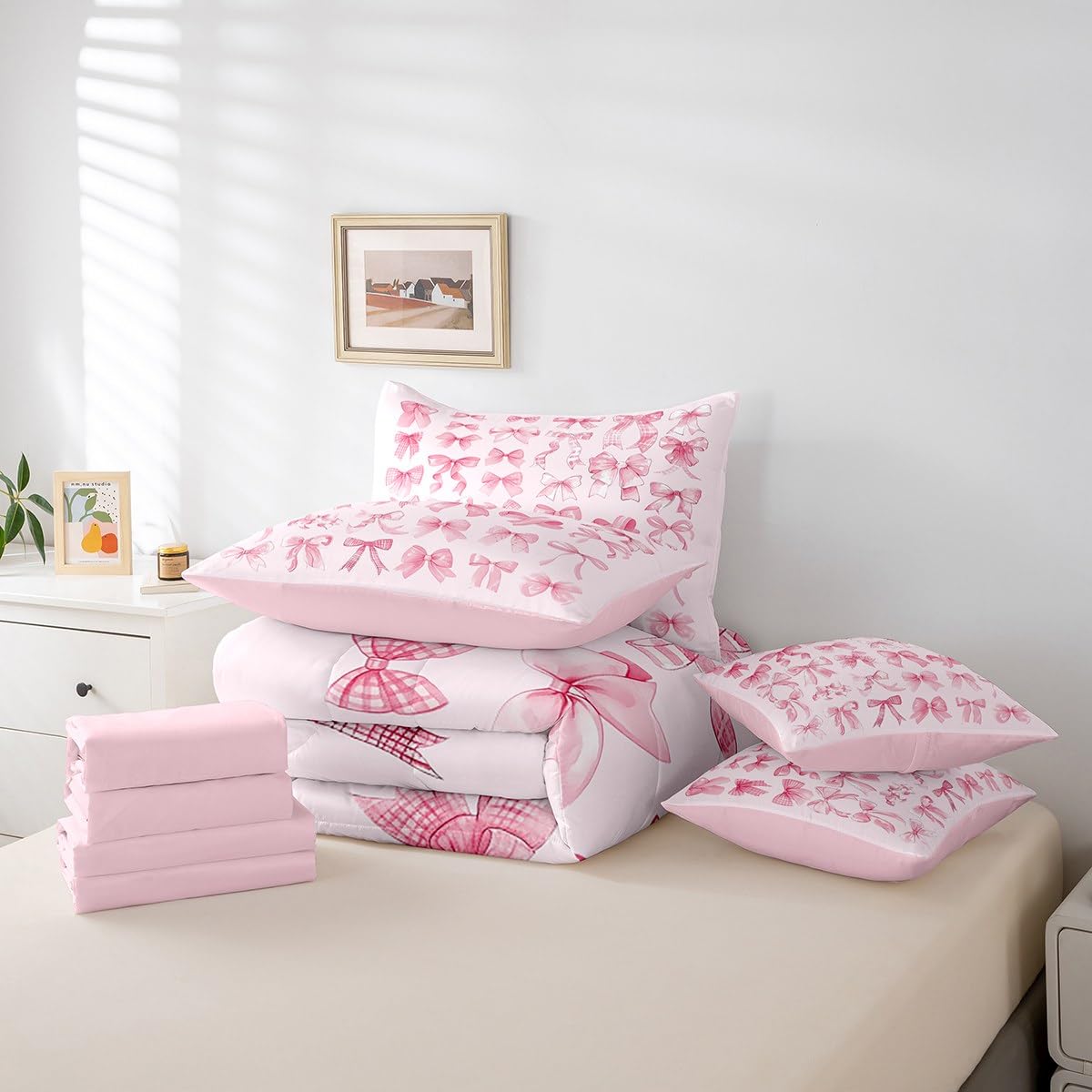 Erosebridal Cute Bow Bed in A Bag for Teen Girl Girly Coquette Bow Comforter Set Twin Pink Modern Fashion Aesthetic 7 Piece Bedding Set Dreamy Fantasy Bowknot Duvet Insert with Flat Fitted Sheets