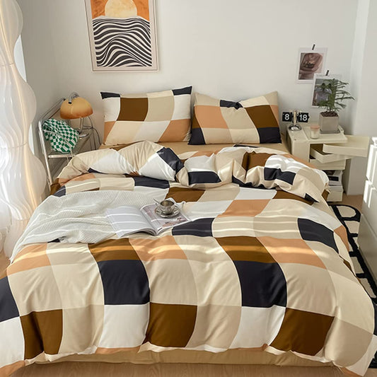 CLOTHKNOW Brown Beige Grid Queen Comforter Set 3Pcs Plaid Bedding Comforter Sets Checker Queen Comforter Black Checker Colorful Queen Size Comforter Sets