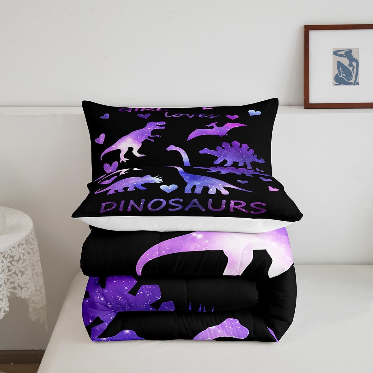 Girls Dinosaur Comforter Set Kids Galaxy Dino Bedding Set for Children Women Bedroom Cartoon Universe Jungle Animal Decor Comforter Outer Space Starry Sky Dinosaurs Duvet Set King with 2 Pillow Case