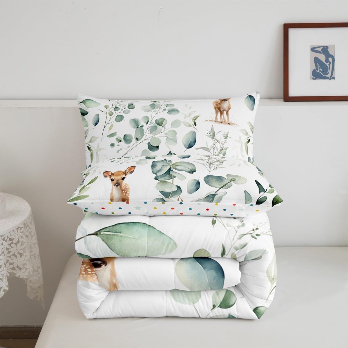 Erosebridal Cartoon Deer Twin Size Comforter Set Toddler Woodland Wildlife Bedding Set, Spring Plant Down Comforter Eucalyptus Leaf Bed Set, Jungle Animal Theme Quilted Duvet Kids Room Decor
