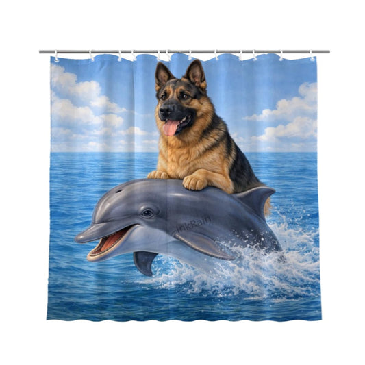 InkRain Ocean German Shepherd Shower Curtain with 12 Hooks Cute Puppy Riding Dolphin Bathroom Decor Waterproof Polyester Fabric Coastal Beach Bath Curtain 60x72 Inch