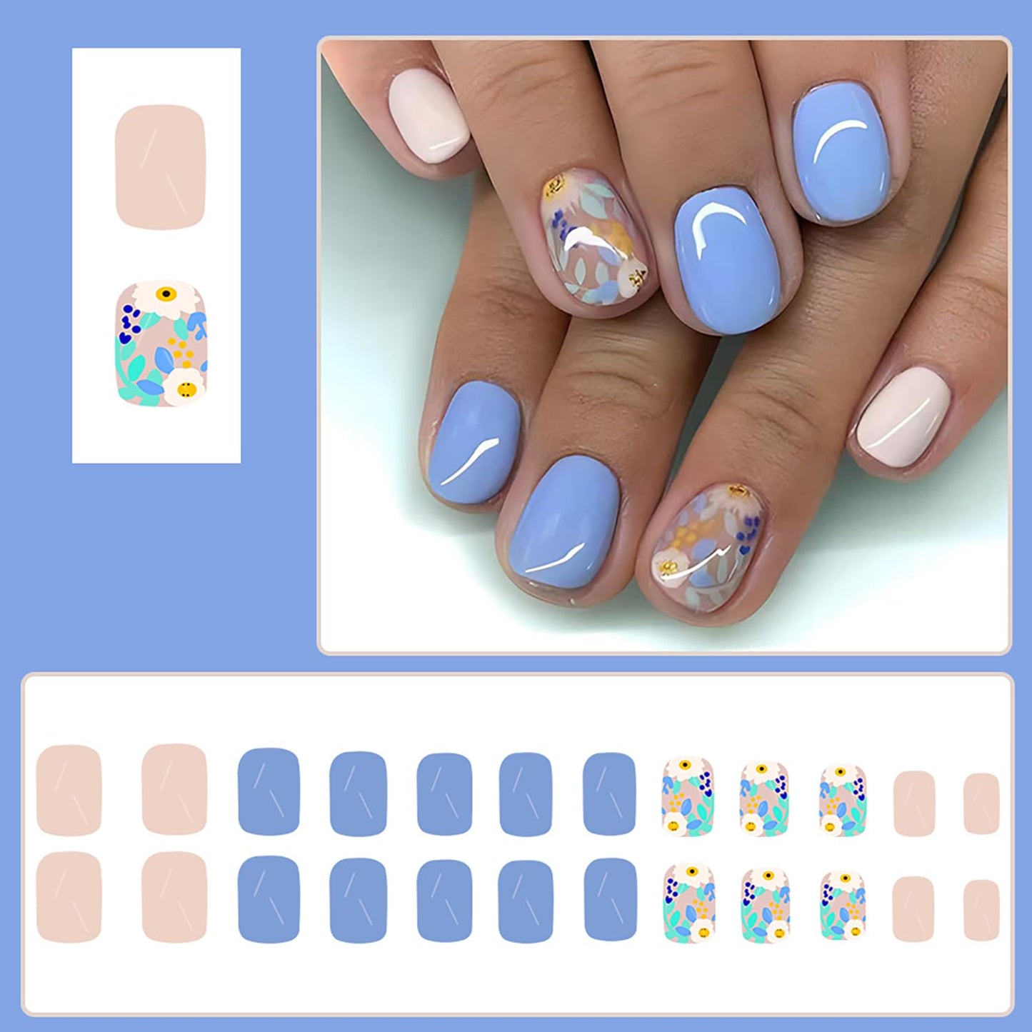Flower Press On Nails Short Square Fake Nails Blue Spring False Nails With Cute Flowers Designs Artificial Acryluc Glue On Nails Short Full Cover Stick On Nails Press Ons For Women Girls