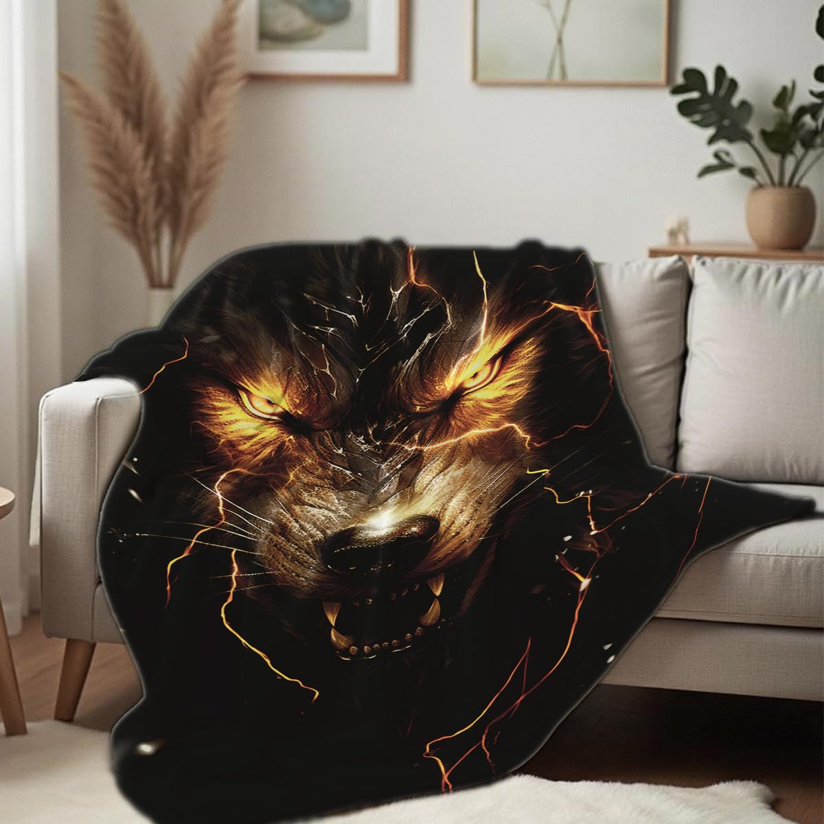 HUNXIAOJ Printed Bed Blanket Black and Gold Animal Throw Wolf Flannel Blankets Queen Size Blankets for Men Boy Bed Sofa Office Chair Blanket (59"x78")