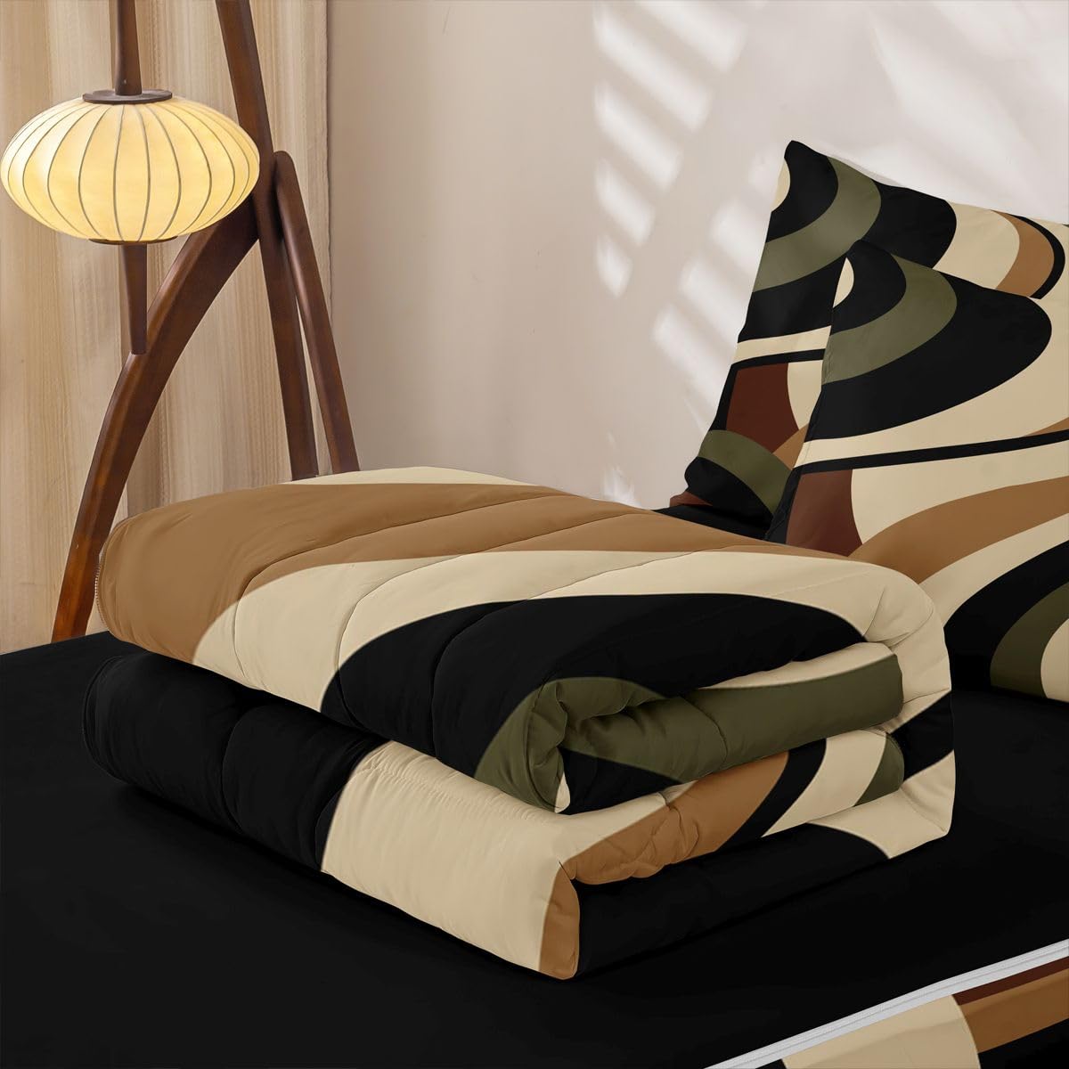 Erosebridal Green Brown Spiral Zipper Bedding Set Twin for Adult Women Men Modern Swirls Stripes Abstract Zipper Comforter Set with Sheets for Minimalists Boho Bed in a Bag Graffiti Art Lines Bed Sets