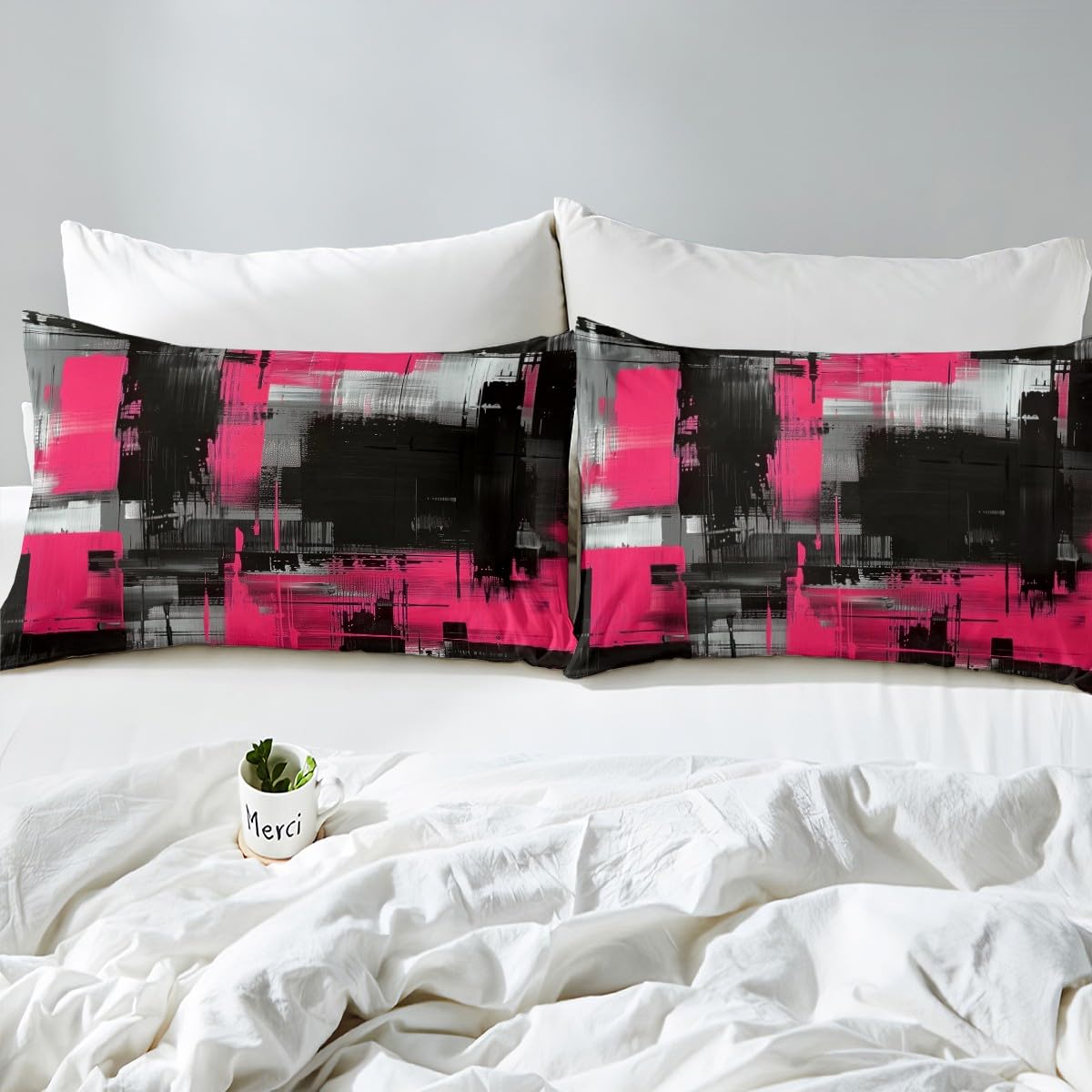 jejeloiu Abstract Fitted Sheet Twin Size for Kids Boys Girls Black and Pink Bed Sheets Set 16" Deep Pocket Soft Breathable Microfiber Art Aesthetic Bedding with 1 Pillowcase Geometric Room Decor