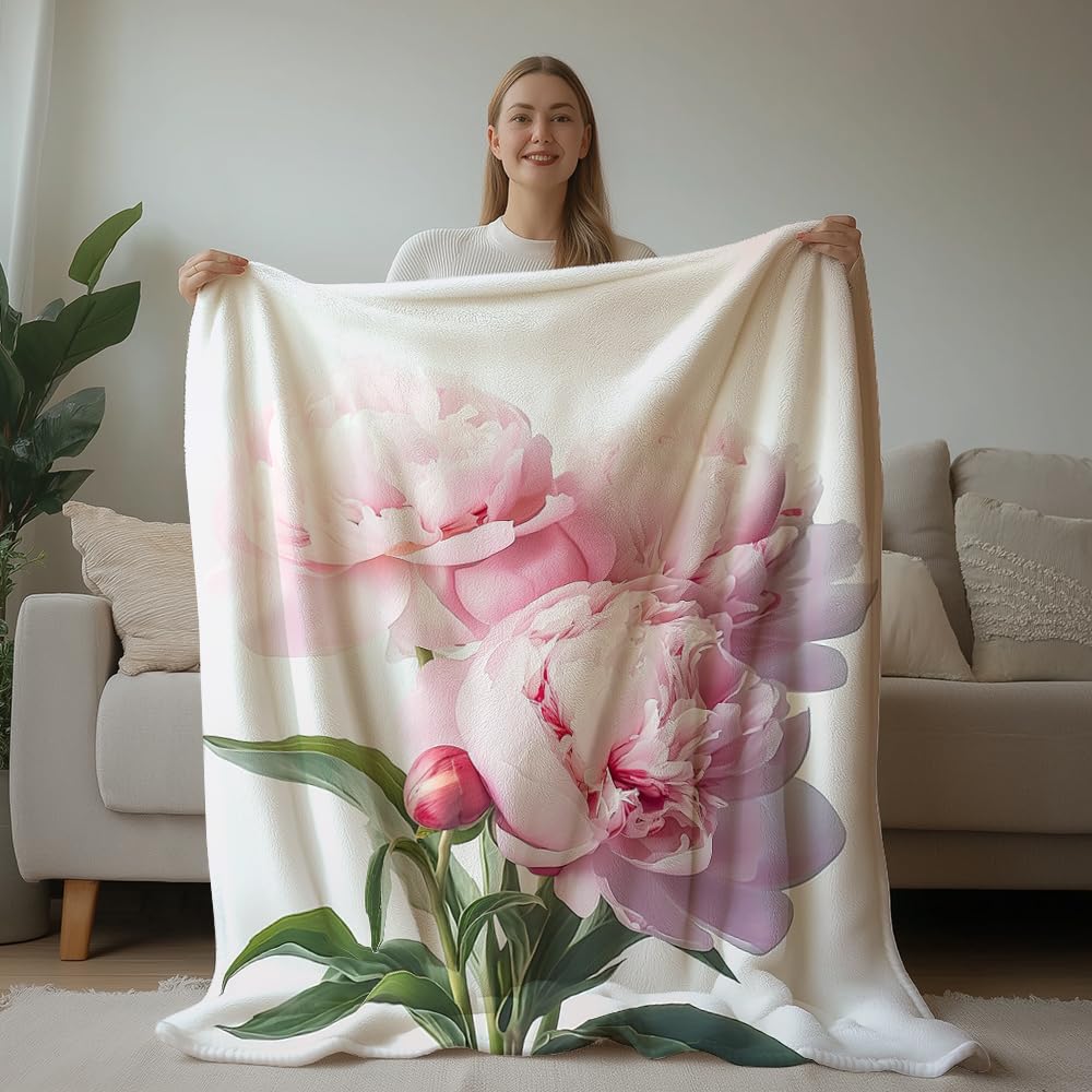 HUNXIAOJ Peony Throw Blanket Peony Gift for Women Floral Print Blanket Flower Decor Warm Soft Flannel for Girls Women Adults Bed Sofa Couch (50 in x 60 in)