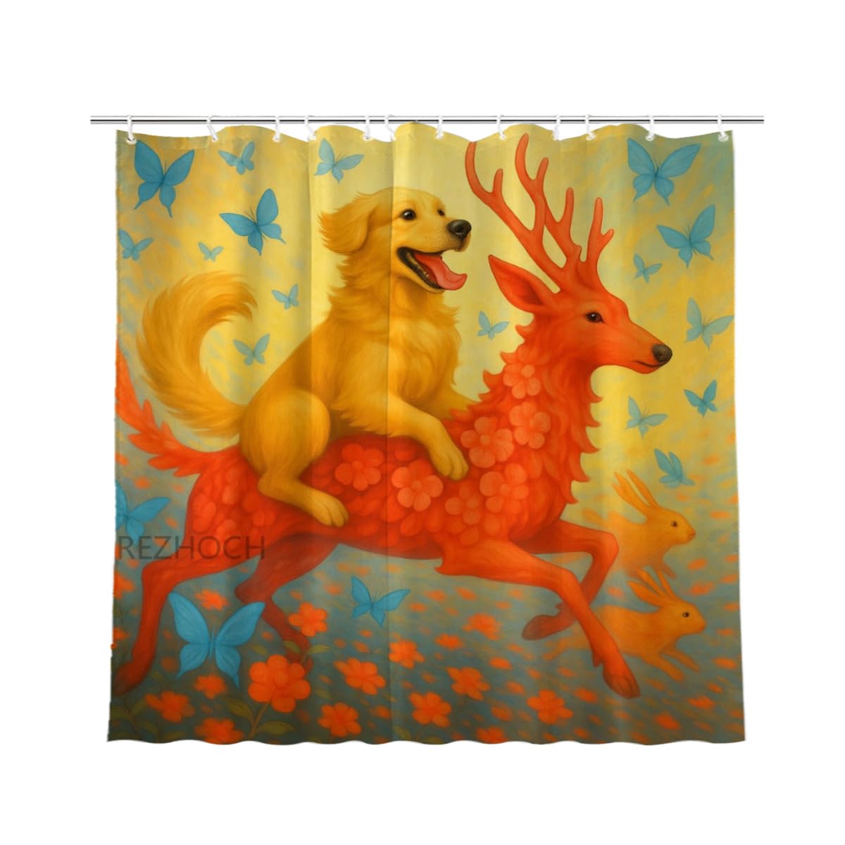REZHOCH Cute Deer Shower Curtain Golden Retriever Fantasy Animal Butterfly Flower Durable Waterproof Fabric Bathtub Sets All Season Home Bathroom Decoration 72x72inch with 12 Hooks