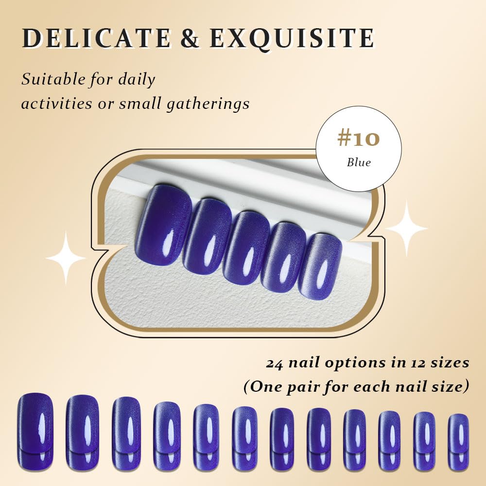 Blue Cat Eye Press on Nails Medium Square, Medium Square Press Stick on Nails Chrome for Women Gift, Blue Holographic Glitter Glossy Reusable Soft Gel Acrylic Fake Nail with Designs Cateye Effect