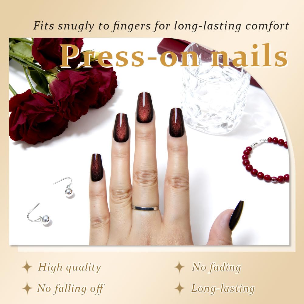 evpct Reddish Brown Cat Eye Coffin Press on Nails Medium Square No Glue, Medium Square Stick on Nails for Women Gift, Wine Red Metallic Glitter Glossy Reusable Spring Summer Press on Acrylic Fake Nail
