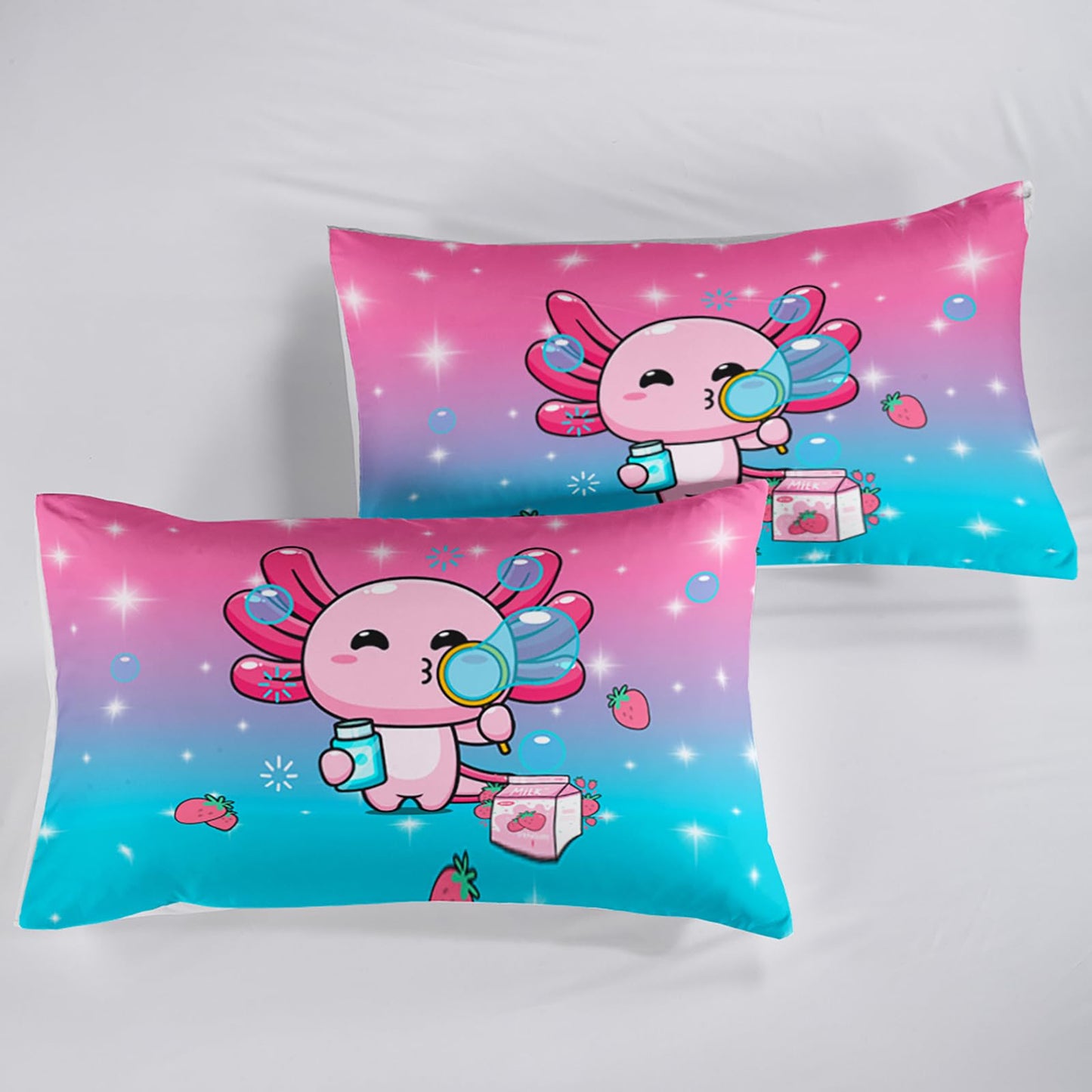 QOOMO Kawaii Axolotl Sheet Set,Pink Salamander Kids Bed Sheets,Strawberry 16" Deep Pocket Bed Sheet Set for Boys/Girls/Kids/Teens，1 Fitted Sheet,1 Flat Sheet and 2 Pillowcases，Twin Size