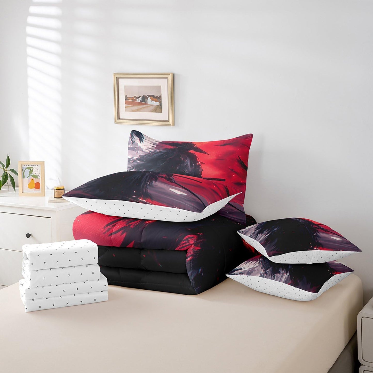 7 Pieces Twin Size Japan Ukiyo-e Samurai Comforter Set,Japanese Samurai Sword Bedding Set for Boys Men,Moon Crow Jungle Bird Animal (Comforter+Fitted+Flat Sheet+2 Pillowcases+2 Throw Pillow Covers)