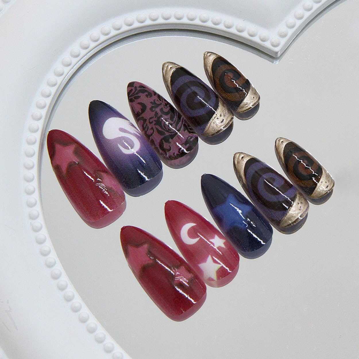 Press on Nails Almond Medium Red Fake Nails French Tip False Nails Press ons with Swan Grid Design Glue on Nails Artificial Acrylic Nail Art Glossy Full Cover Stick on Nail Supplies for Women 24Pcs