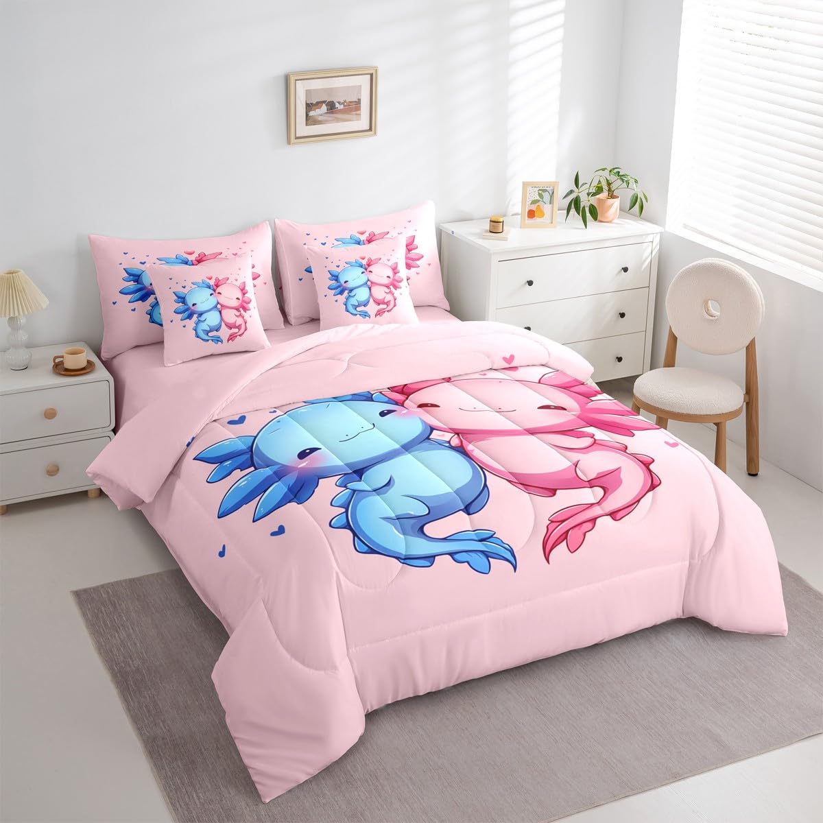 Erosebridal Pink Blue Cute Axolotls Queen Comforter Set Kids Kawaii Axolotls Bed in a Bag for Boys Girls Cartoon Love Heart 7-Piece Bedding Set Sealife Coastal Ocean Animal Quilt Duvet Sets