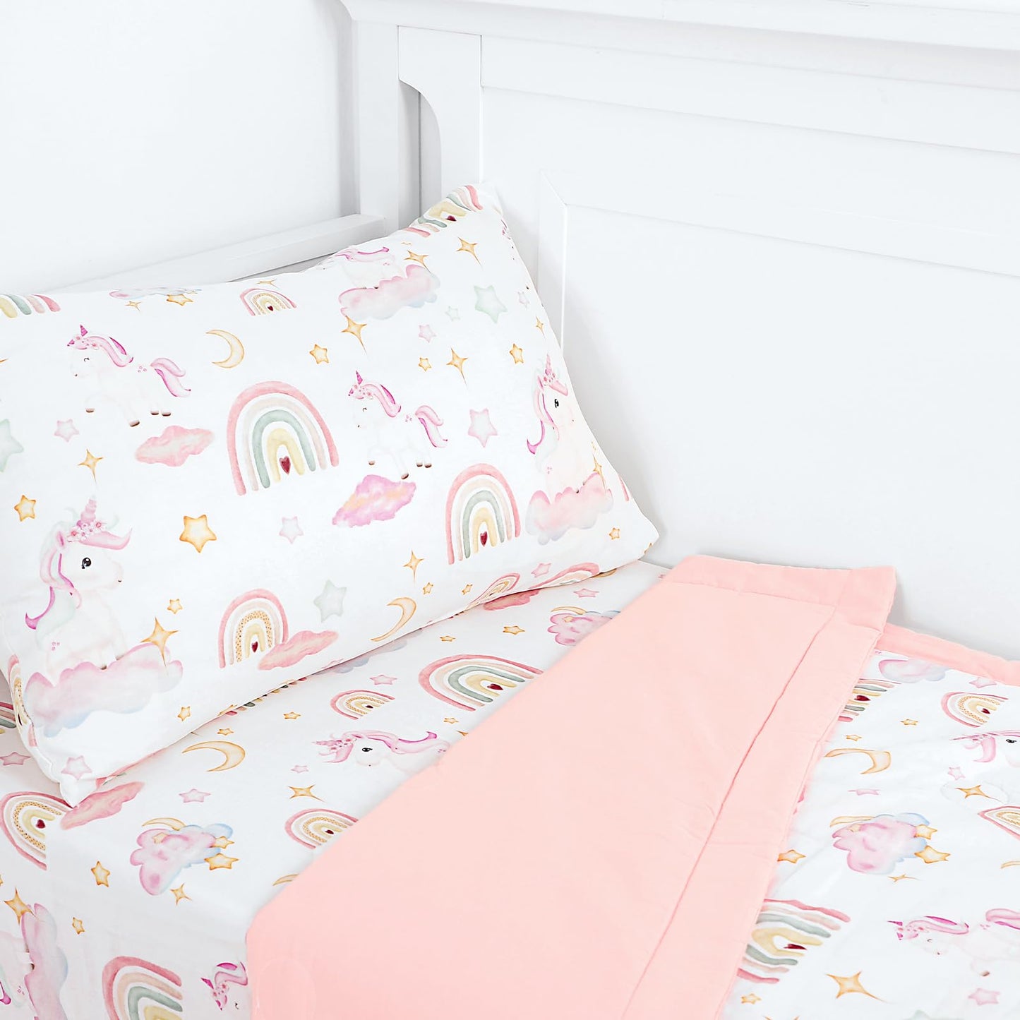 Pea Pod Muslin Toddler Bedding Set 3-Piece - Soft Breathable Crib Bedding with Fitted Sheet, Quilt & Pillowcase for Infant & Kids Bed | Machine Washable Nursery Bed Set, Unicorn Rainbow