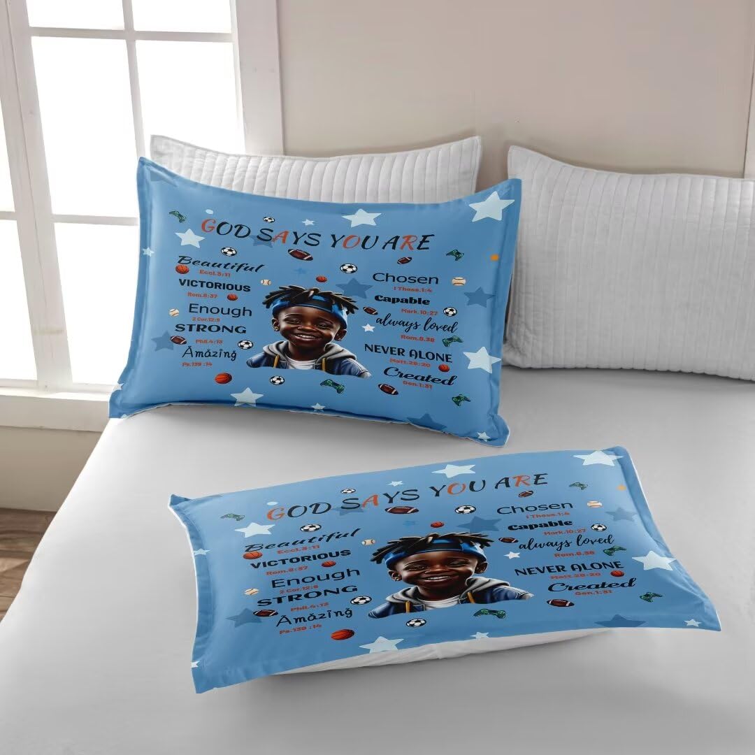 GRAT TIOC Black Comforter Set for Kids Teens Twin, Cute African American Boy Bedding, Afro Melanin God Says I Am Christian Bedroom Set 3 Pcs With 2 Pillowcases