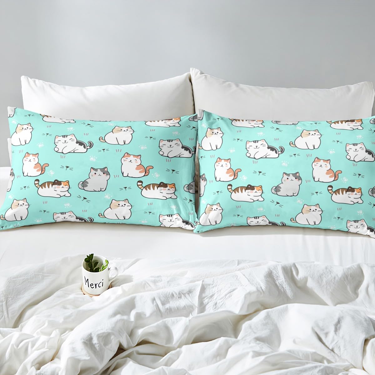 Erosebridal Cat Bedding,Cute Pet Theme Sheet Set for Kids Teens Girls Youth,White Cat Paw Print Decor Bed Sheets for Bedroom,Kawaii Animal Kitten Fitted Sheet,Queen with 2 Pillowcases