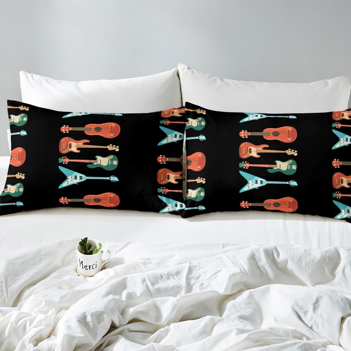 Erosebridal Guitar King Bed Sheets Set Music Theme Sheet Set for Kids Boys Girls Music Equipment Sheets Black Flat Fitted Sheet 4 Pcs Bedroom Decor