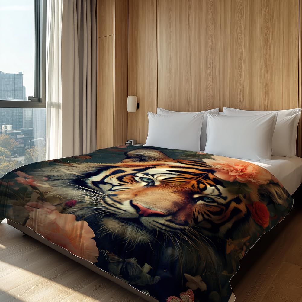 HUNXIAOJ Tiger Throw Blanket Tiger Gift for Kid Animal Print Blankets Queen Size Soft Warm Flannel for Sofa Bed (50 in x 60 in)