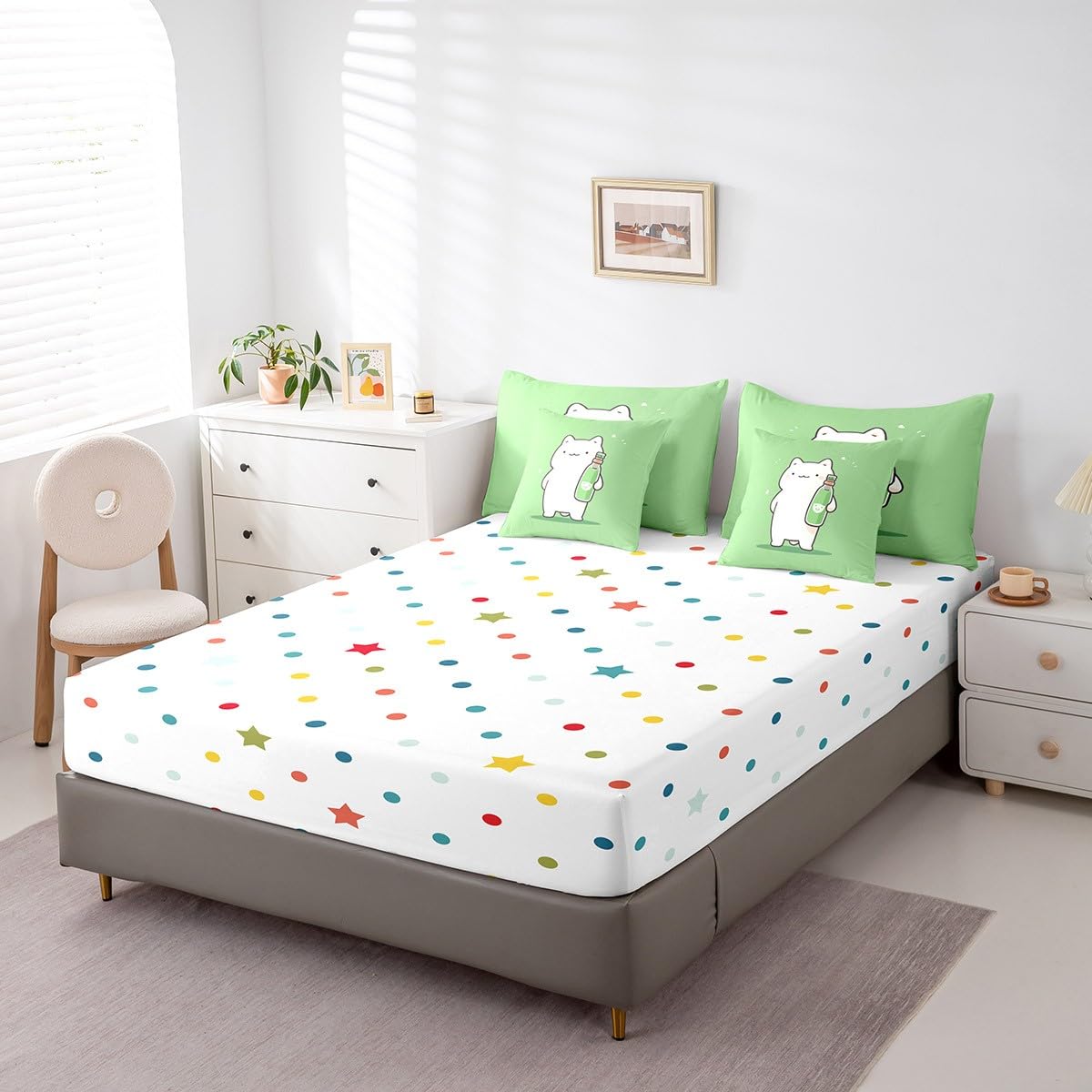 Erosebridal Cartoon White Cat Bedding Set King Size, Kawaii Pet Kitten Comforter Set, Cute Animals Kids Teens (Comforter+Fitted+Flat Sheet+2 Pillowcases+2 Throw Pillow Covers) 7 Pieces Bed Set