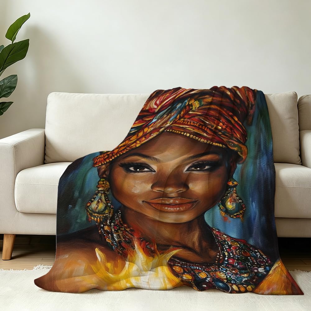 HUNXIAOJ African American Throw Blanket Black Girl Blanket African Gifts for Women Tribal Bedding Ethnic Decor Warm Soft Flannel for Sofa Couch (49in x 59in)