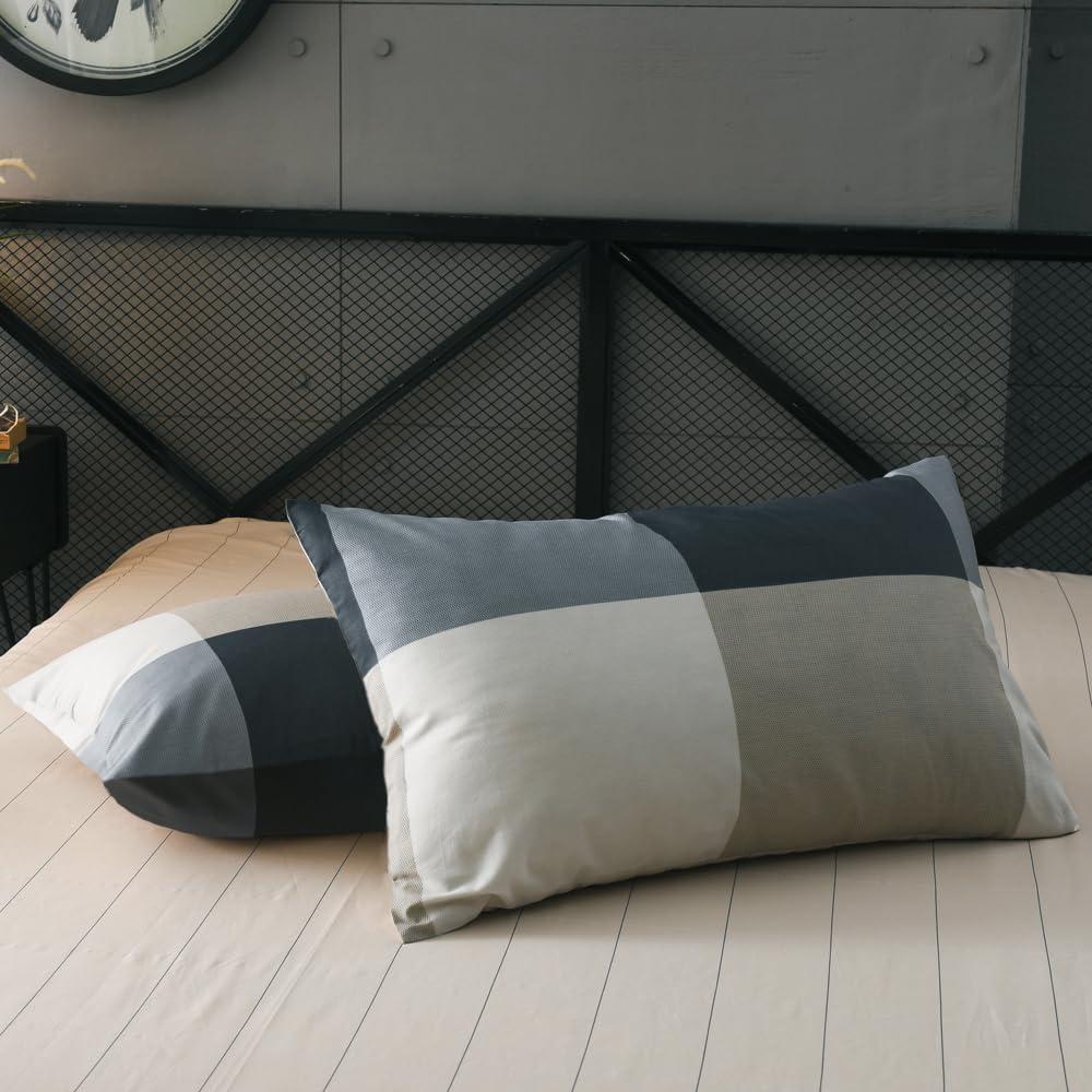mixinni Queen Size Checkered Duvet Cover Set - 3 Piece Grey Geometric Cotton Bedding Set with Zipper Closure & Corner Ties, 100% Washed Cotton Soft Breathable Duvet Cover for Men, Women, Teens (Queen)