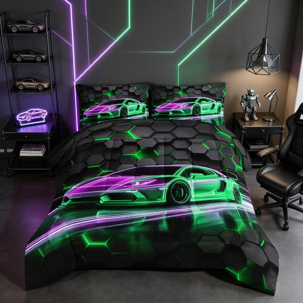 HOSIMA Kids Race Car Queen Bedding Sets,Hexagon Geometric Honeycomb Pattern Cool Extreme Sports Bedding for Boys Men Car Room Decor,Gaming Comforter with 2 Pillowcases.