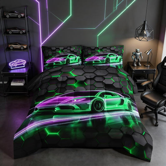 HOSIMA Kids Race Car Queen Bedding Sets,Hexagon Geometric Honeycomb Pattern Cool Extreme Sports Bedding for Boys Men Car Room Decor,Gaming Comforter with 2 Pillowcases.