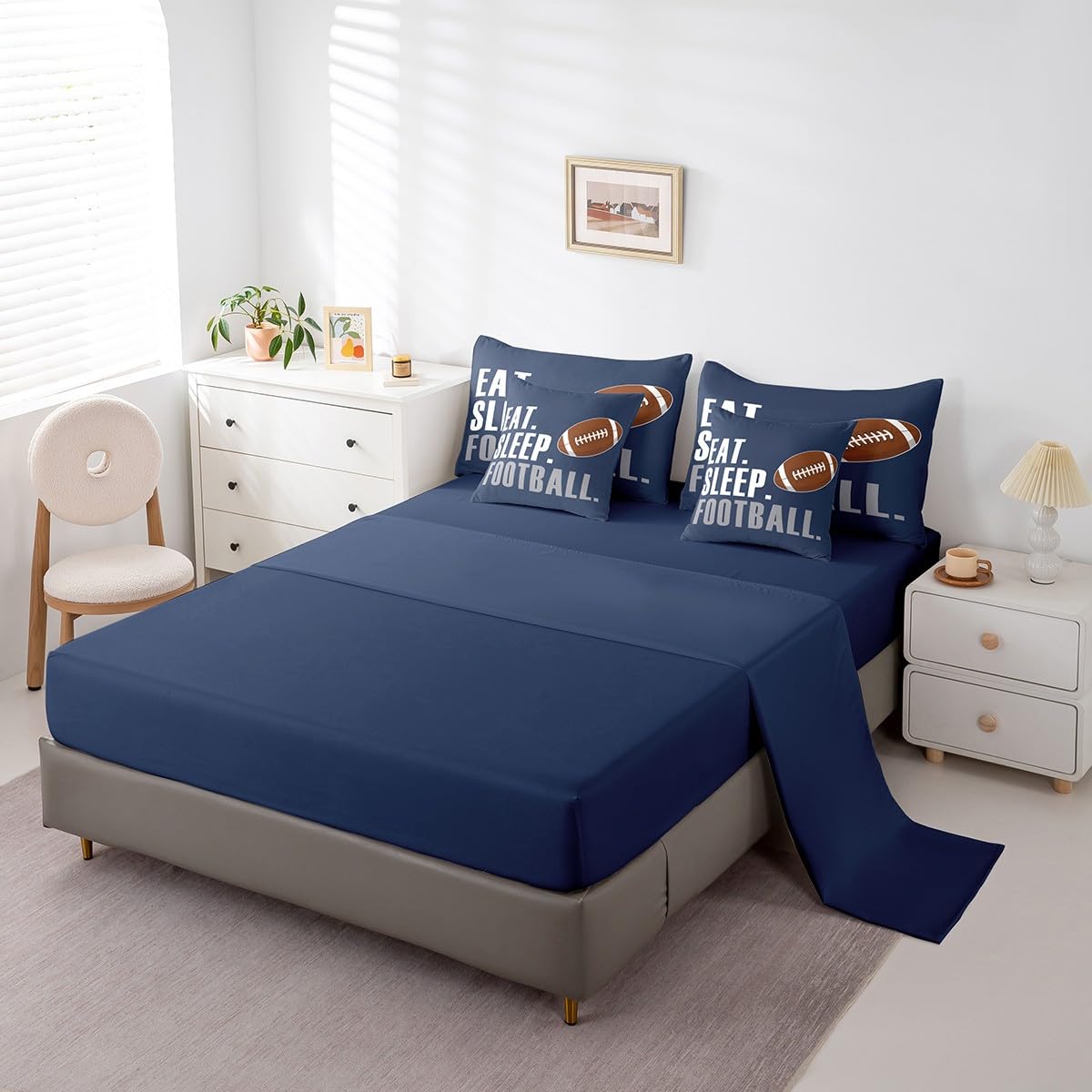 Feelyou Boys Football Comforter Set 7 Pieces Twin Size American Sports Bedding Set for Kids Adults Navy Blue Rugby Bed in a Bag Ball Games Room Decor Football Player Gift