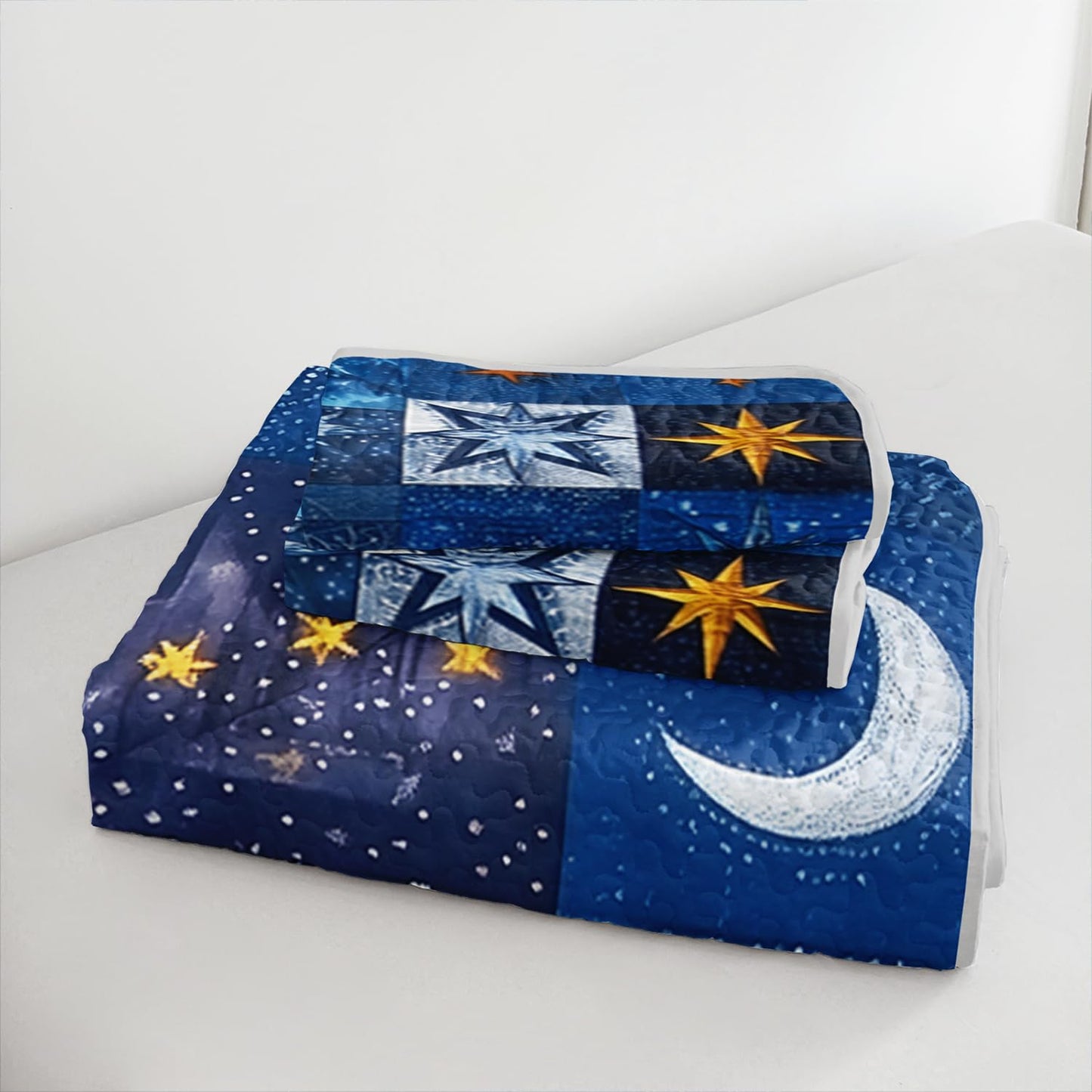 XYNHML Sun Moon Star Quilts Bedding Full 3Pcs Mystic Celestial Galaxy Starry Quilt Set Blue Patchwork Grid Lightweight Soft Bedspread Coverlet with 2 Pillowcases for Kid Boy Girl Teen Adult Bed Decor
