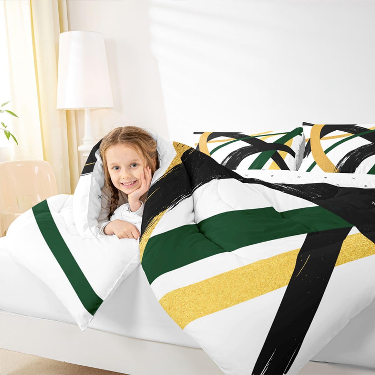 Feelyou Black Gold Green Comforter Set All Season Modern Abstract Geometric Bedding Set with 2 Pillow Cases Minimalist Neutral Microfiber Kids Queen Duvet Quilt Breathable Soft Lightweight