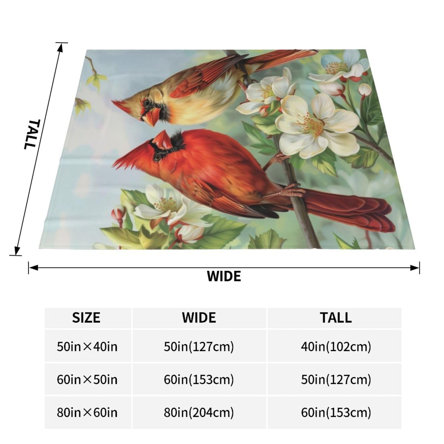 Cardinal Birds Blanket, Gifts for Women, Red Cardinal Pair with Flowers Soft Lightweight Throw Blankets for Kids Girls, Travel Bed Living Room Decor, 50x60in