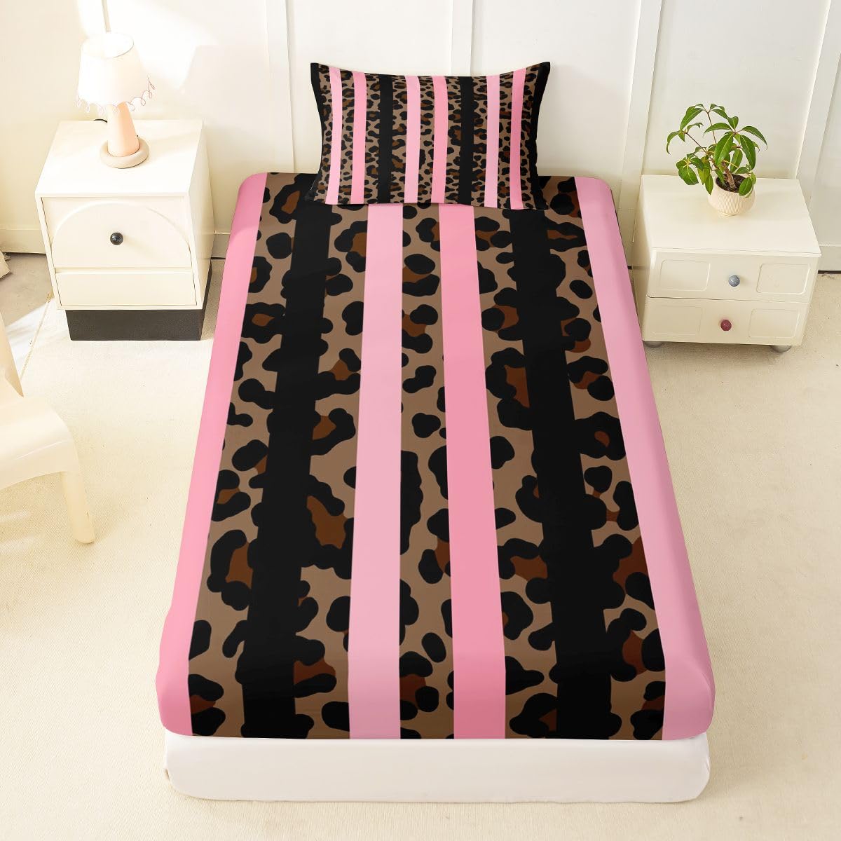 jejeloiu Brown Leopard Print Fitted Sheet with 1 Pillowcase Twin Size Abstract Bed Sheets Set 16" Deep Pocket Boys Girls Leopard Stripes Bedding Teens Bedroom Decor Breathable