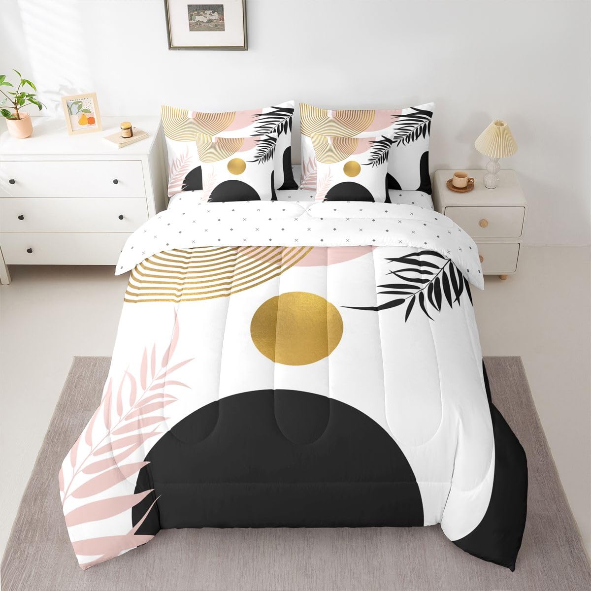 Erosebridal Boho Pink Black and Gold King Size Comforter Set with Sheets, Abstract Mid Century 7 Pcs Bedding Set for Adults, Minimalist Aesthetic Geometric Bed in A Bag, Modern Bohemian Chic Bed Sets