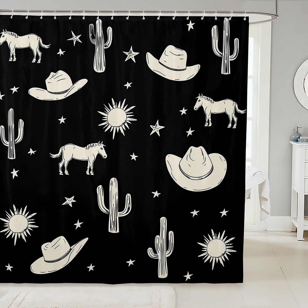 jejeloiu West Cowboy Shower Curtain 72"x78" Western Bath Curtain Boys Girls Teens Cactus Hat Horse Bathroom Shower Curtain Set Waterproof Rodeo Cowboy Kids Bathroom Accessories Star Sun,12 Hooks Suits
