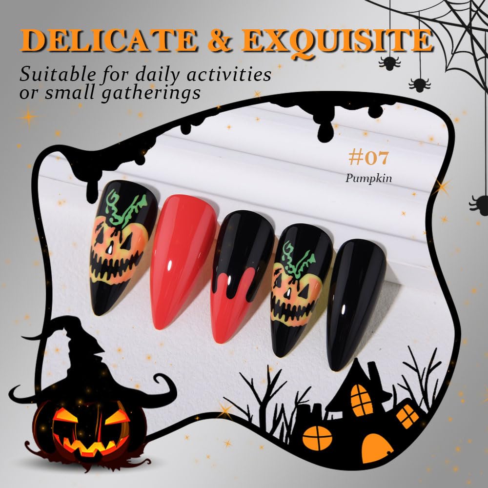Halloween Press on Nails Medium Almond with Horror Design, Medium Almond Red Black Artificial Fake Nails with Ghost Pumpkin Designs, Perfectly Fit Soft Gel Full Cover Glossy Stick on Nail for Women