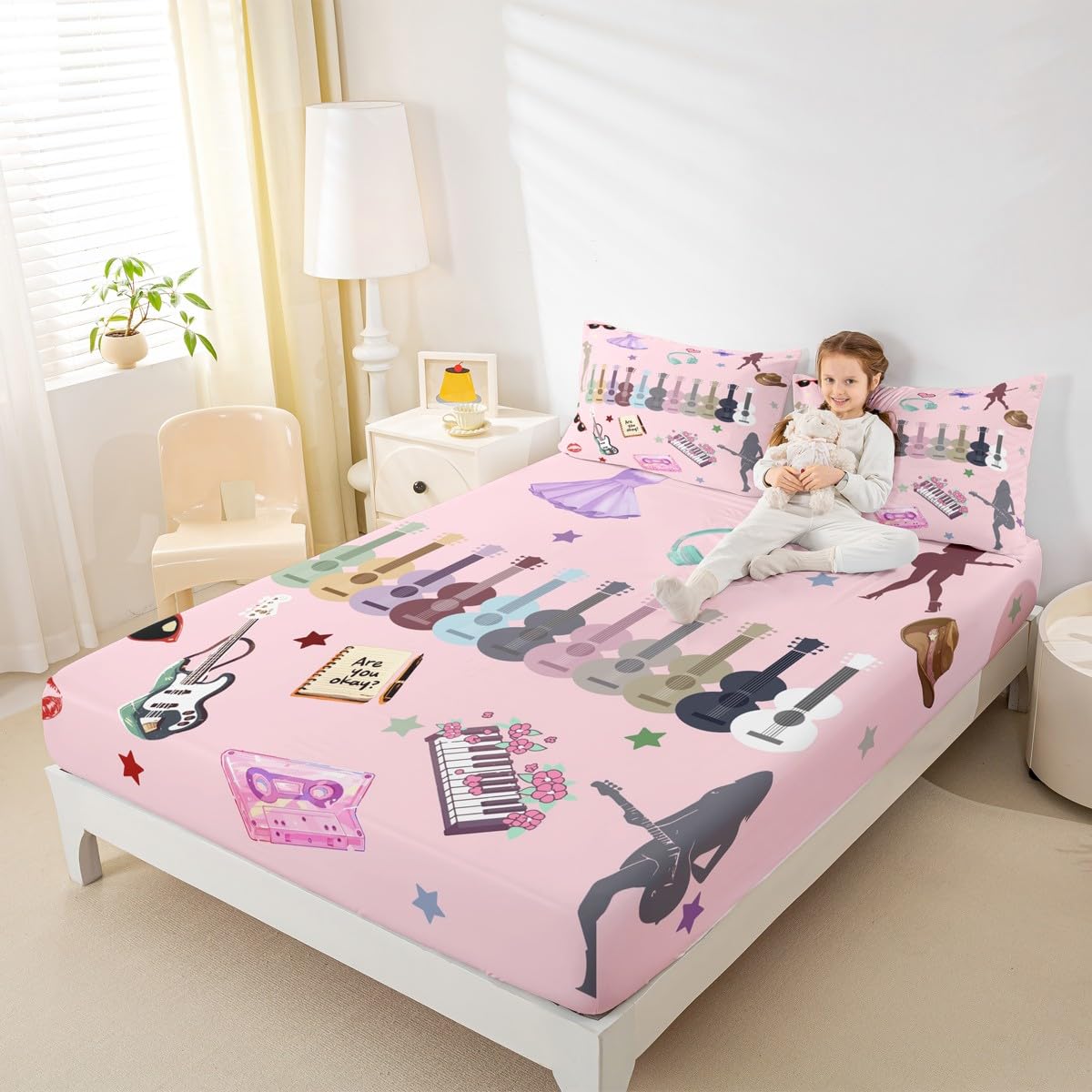 Erosebridal Music Fans Guitar Bed Sheets Set King Music Themed Sheet Set Singer Fans Pink Sheets for Kids Girls Women Fashion Birthday Valentines Day Gift Flat Fitted Sheet 4 Pcs Bedroom Decor