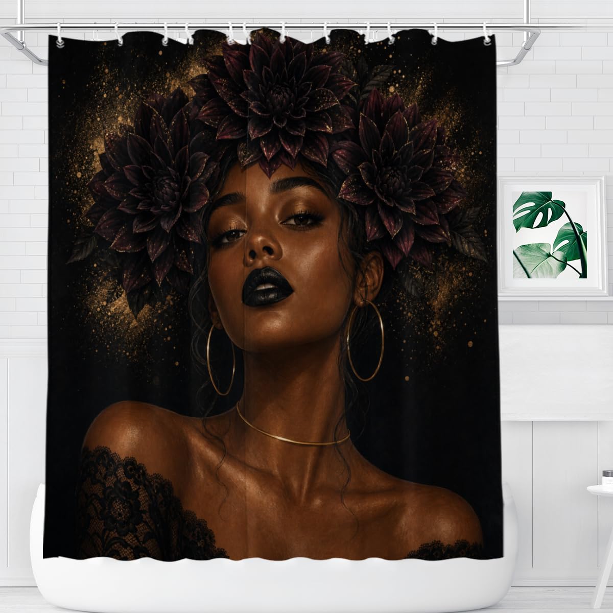TopPacific Black Flower Crown Woman Shower Curtain 72x72 Inch Shower Curtain with 12 Hooks Polyester Woman Dark Flower Crown Black Background Bathroom Decor
