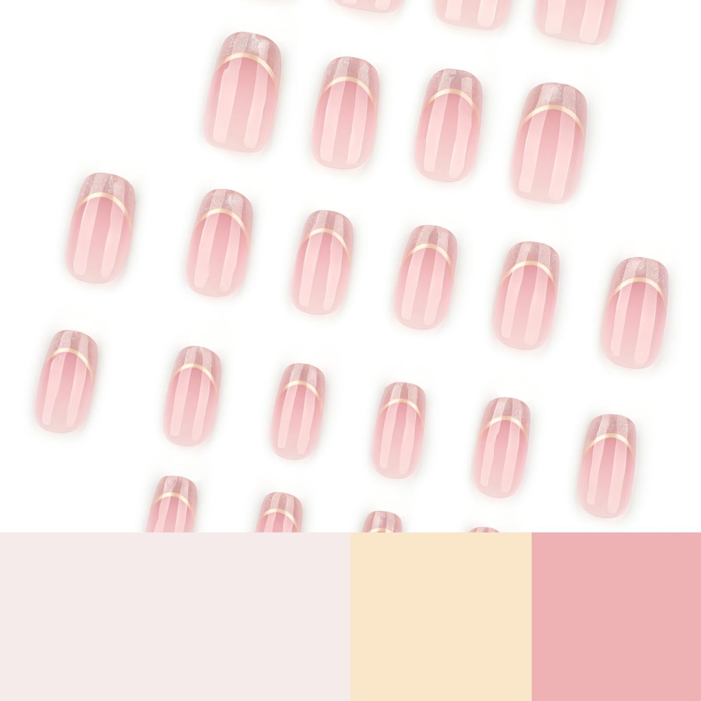 Short Almond Press On Nails Nude Glitter French Tips with Gold Outline, Glossy Acrylic Fake Nails, Reusable Stick On Nails Kit with for Women, Elegant Shimmery Manicure Set