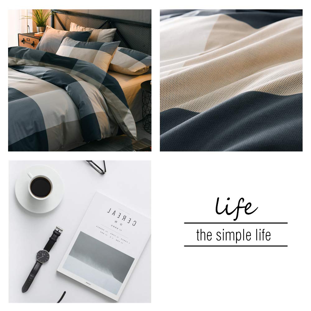 mixinni Queen Size Checkered Duvet Cover Set - 3 Piece Grey Geometric Cotton Bedding Set with Zipper Closure & Corner Ties, 100% Washed Cotton Soft Breathable Duvet Cover for Men, Women, Teens (Queen)