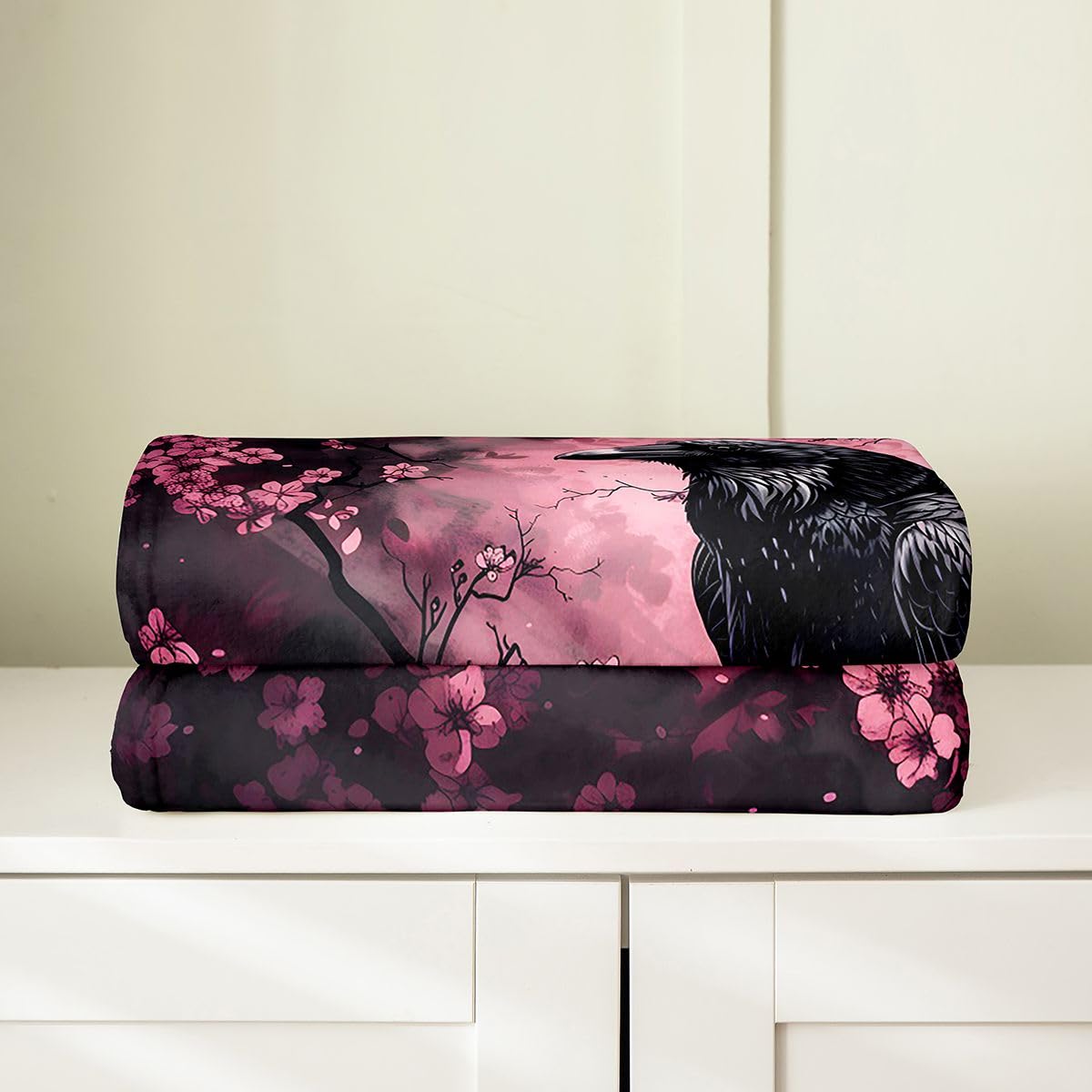 Feelyou Crow Plush Throw Blanket Halloween Themed Flannel Blanket 40"x50" Cherry Blossoms All Season Trick or Treat for Couch Bed Sofa Goth Bedroom Decor