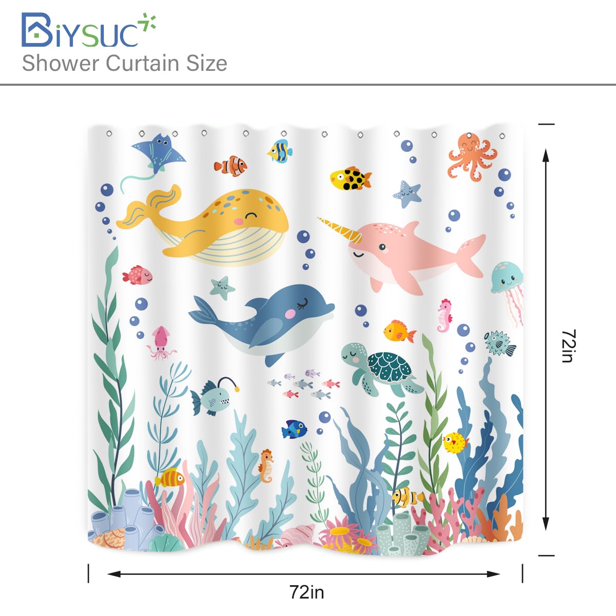 BIYSUC Kids Ocean Shower Curtain Cartoon Sea Turtle Whale Dolphin Fish Corals Underwater World for Boys Girls Bathroom Decor Waterproof Polyester Fabric 72Lx72W Inch with 12PCS Plastic Hooks