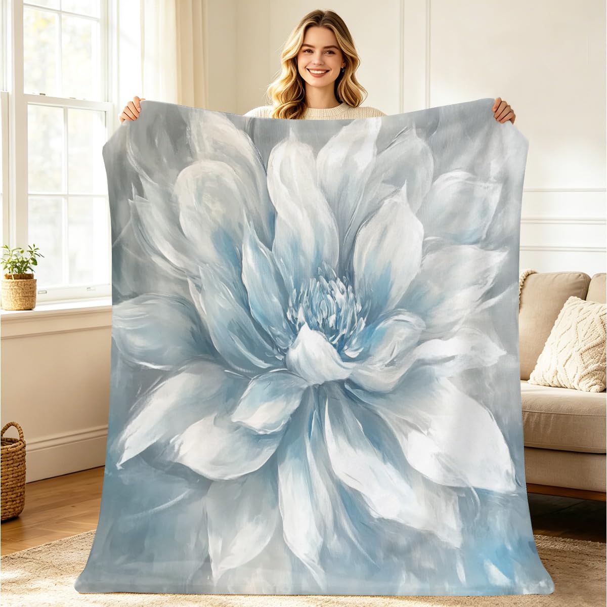 HUNXIAOJ White Floral Throw Blanket Abstract Flower Blanket Soft Cozy Fleece Botanical Art Throw Flannel Floral Bedding for Couch Bed Living Room Sofa Home Decor 49"x59"