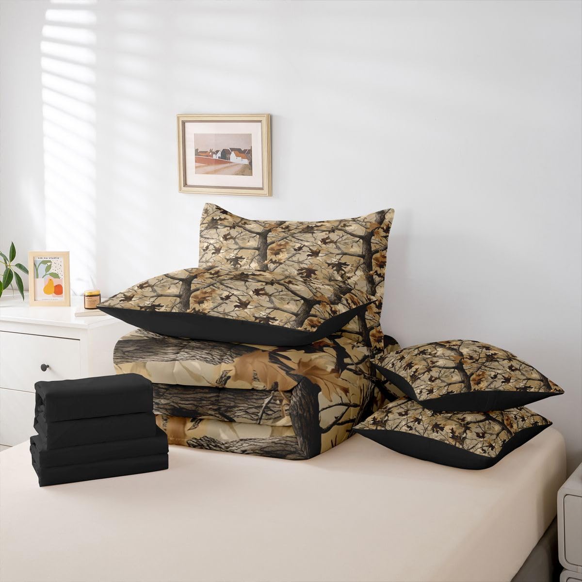 Feelyou Tree Branches Comforter Set with Sheets 7 Piece Queen Size Tree Leaf Bed in a Bag Kids Boys Girls Botanical Bedding Set Nature Theme Bedroom Decor Breathable Soft Microfiber