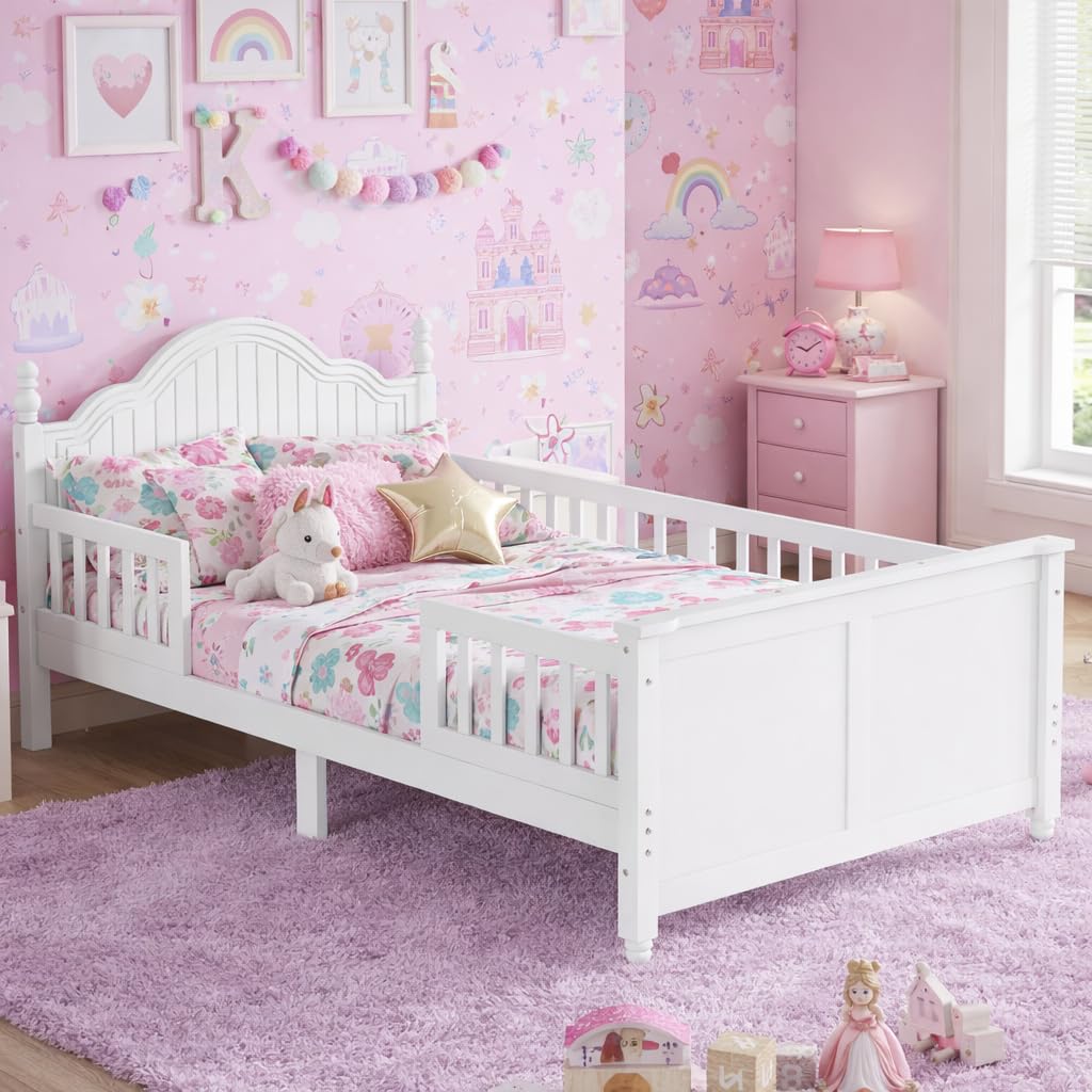 OYUMOENTS Twin Bed with Rails, Low Profile Twin Bed Frame with Rails & Headboard, Wood Kids Platform Beds with Footboard for Boys & Gilrs, No Spring Box Required, No Squeaks, White