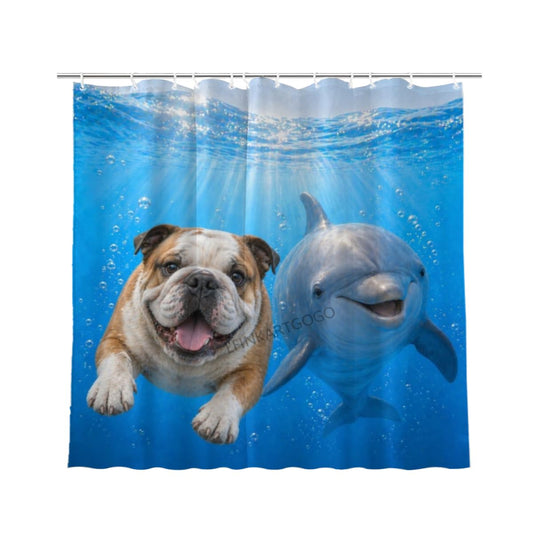LFINKARTGOGO Ocean Bulldog Shower Curtain 72x72 with 12 Hooks Underwater Animal Dolphin Waterproof Washable Polyester Bath Curtain for Home Hotel Decor