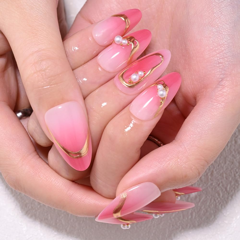 evpct Ombre Peach Pink Press on Nails Short Almond with 3D Pearl Gold Line, Pink French Tip Stick on Nail for Women, Reusable Full Cover Soft Press on Fake Nail with Ombre Design Perfectly Fit