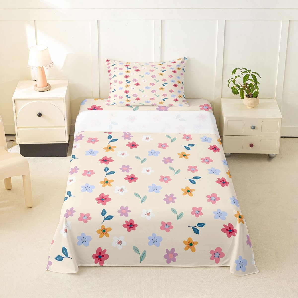 Erosebridal Cartoon Floral Bed Sheets Set Twin Boho Floral Leaves Sheet Set Farmhouse Flowers Plant Sheets Rainbow Wildflower Flat Fitted Sheet