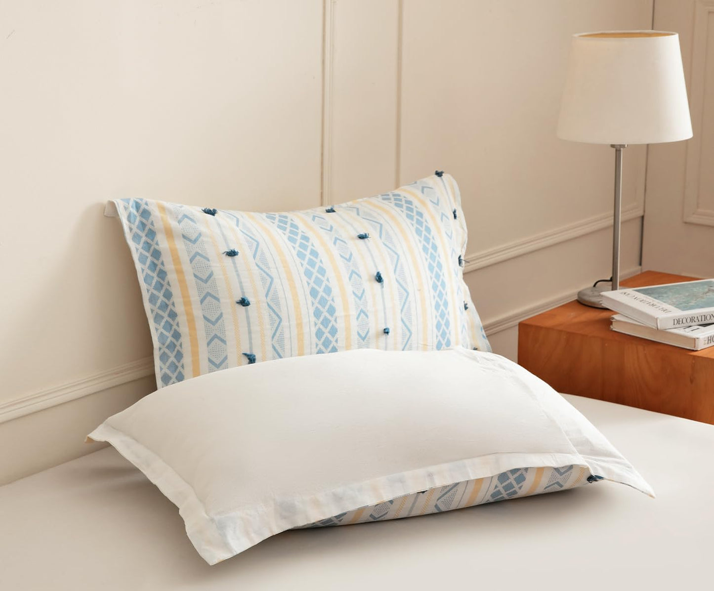 SLEEPBELLA Washed Double Layer Muslin 100% Cotton Comforter Set King Size, Yellow Blue Boho Fluffy Thick Checked Bedding Set, Soft Breathable (1 Comforter, 2 Pillow Shams)